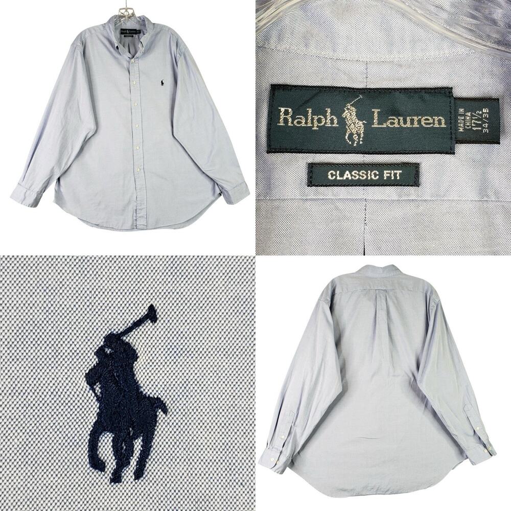 Polo Ralph Lauren Shirt Oxford Men's Size XL 17.5 Solid Blue LS Button Down